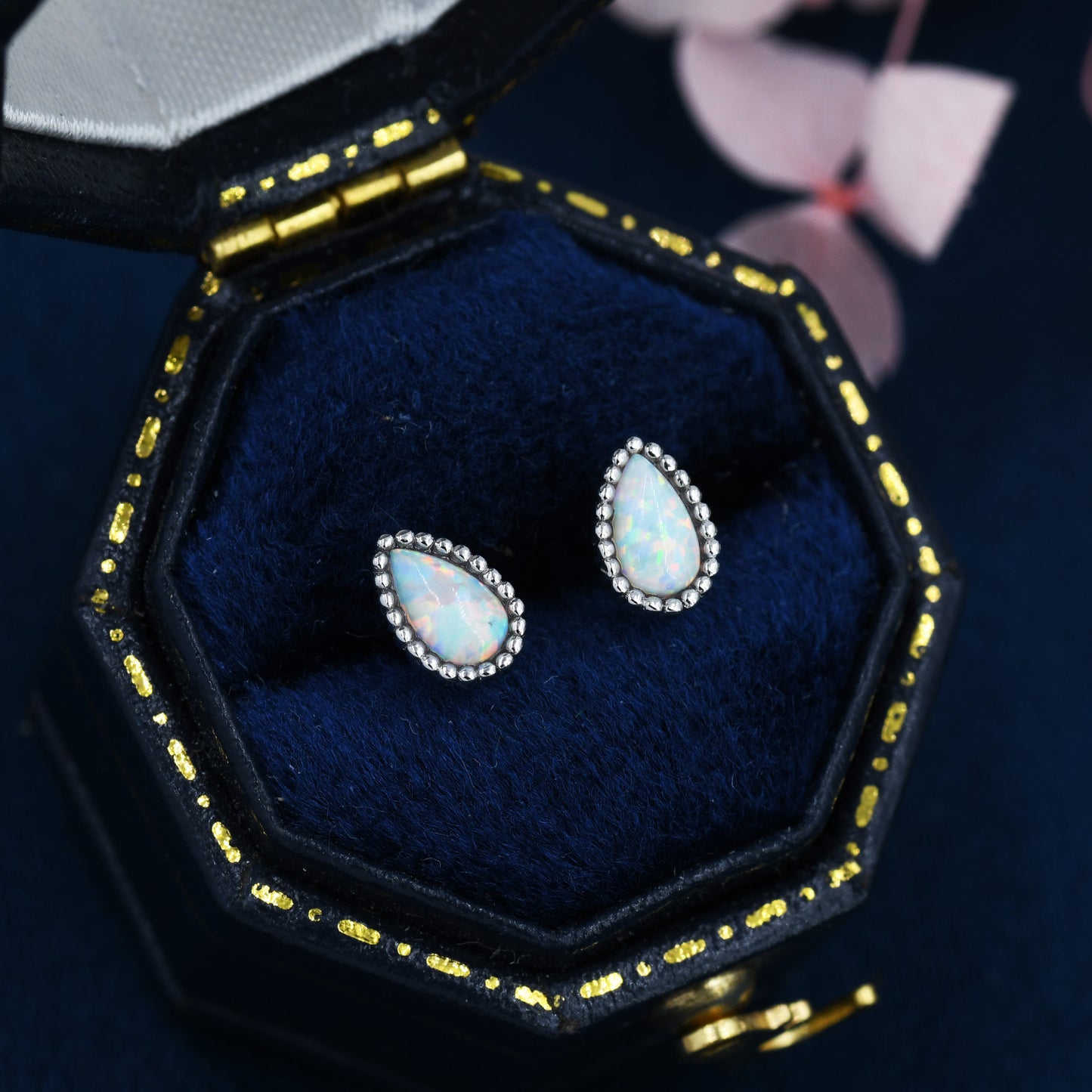 Sterling Silver Opal Droplet Earrings, Pear Shape White Fire Opal Stud Earrings, Silver or Gold, Dotted Bobble Beaded