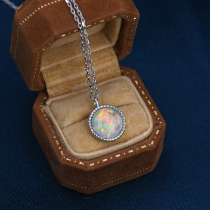 Aurora Opal Pendant Necklace in Sterling Silver, Silver or Gold, Dotted Bezel, Simulated Opal Necklace, October Birthstone