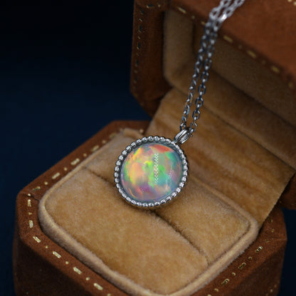 Aurora Opal Pendant Necklace in Sterling Silver, Silver or Gold, Dotted Bezel, Simulated Opal Necklace, October Birthstone