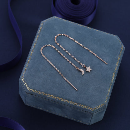 Asymmetric Tiny Moon and Star CZ Threader Earrings in Sterling Silver, Silver, Gold or Rose Gold, Moon and Star Ear Threaders