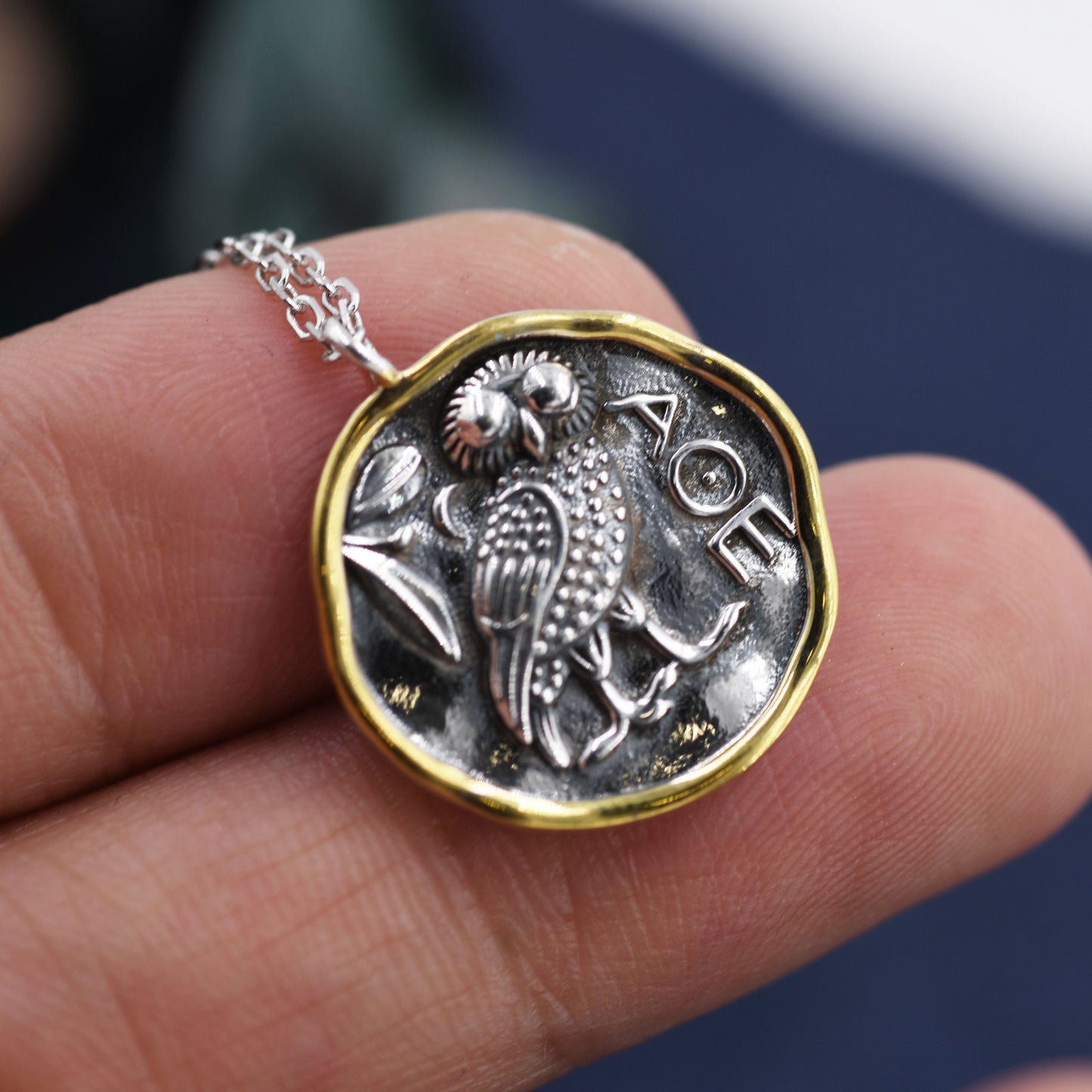 Sterling Silver Greek Coin Pendant Necklace - Owl Coin Necklace , Owl of Athena Coin Necklace in Antique Silver, Ancient Greek Coin Inspired