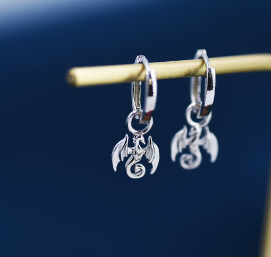 Dragon Huggie Hoop in Sterling Silver, Silver or Gold, Dagon Dangle Hoop Earrings, Detachable and Interchangeable