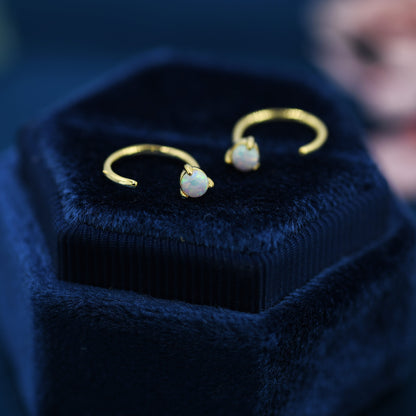 Minimalist Opal Huggie Hoop Threader Earrings in Sterling Silver, 3mm Three Prong, Gold or Silver, Pull Through Open Hoops, Fire Opal