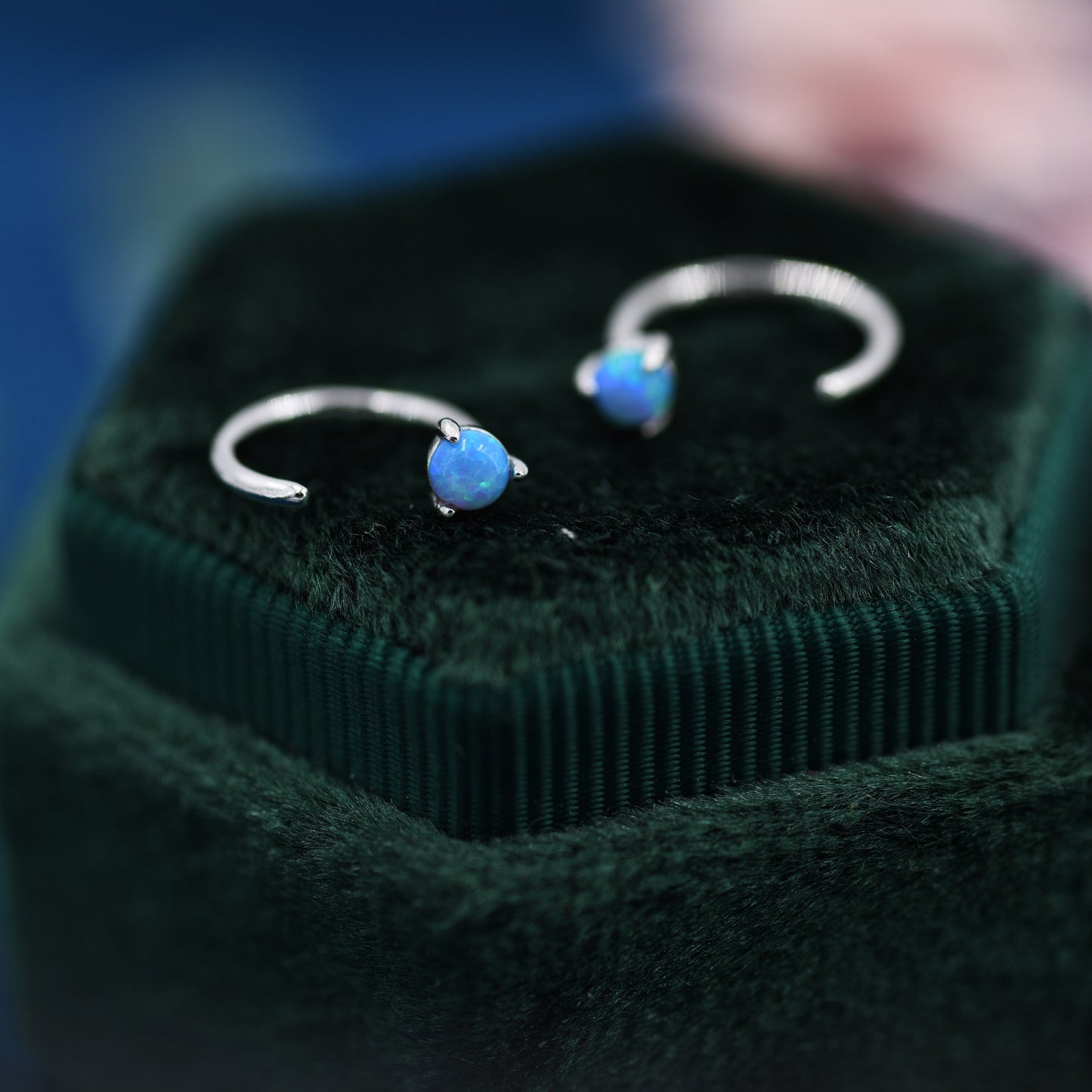 Minimalist Opal Huggie Hoop Threader Earrings in Sterling Silver, 3mm Three Prong, Gold or Silver, Pull Through Open Hoops, Blue Opal