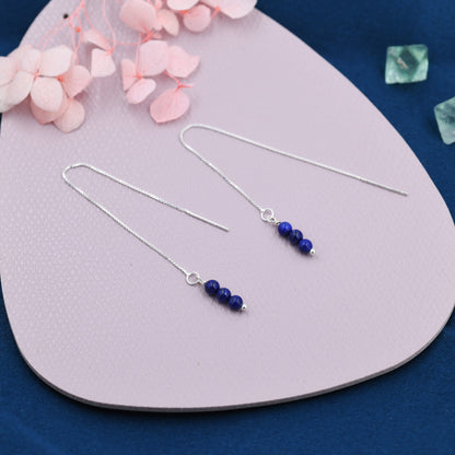 Genuine Lapis Lazuli Gemstone Ear Threaders in Sterling Silver, Three Beads Threader Earrings, Ear Jacket. Dark Blue Gemstones
