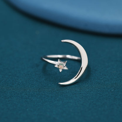 Opal Moon and Star Large Ring in Sterling Silver, Silver or Gold, New Moon Open Ring with Embellished Opal US 5 - 9 Statement Ring