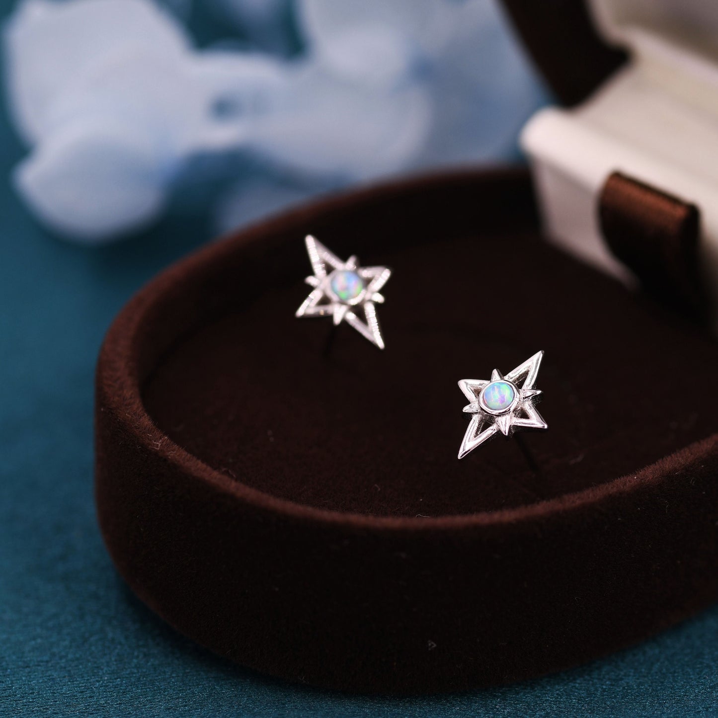 North Star Opal Stud Earrings in Sterling Silver - Gold or Silver - Opal Starburst Earrings - Petite Stud Earrings