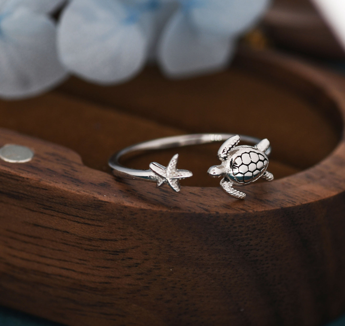 Turtle and Starfish Open Ring in Sterling Silver, Adjustable, Turtle Ring, Starfish Ring, Ocean Inspired, Nature Jewellery, Animal Ring
