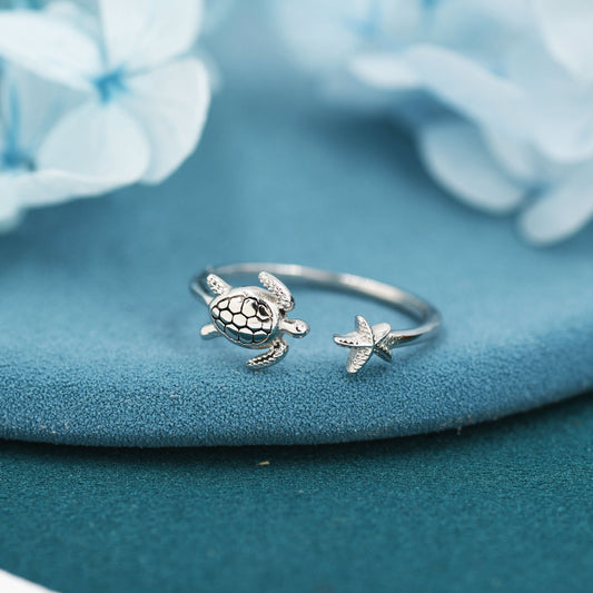 Turtle and Starfish Open Ring in Sterling Silver, Adjustable, Turtle Ring, Starfish Ring, Ocean Inspired, Nature Jewellery, Animal Ring