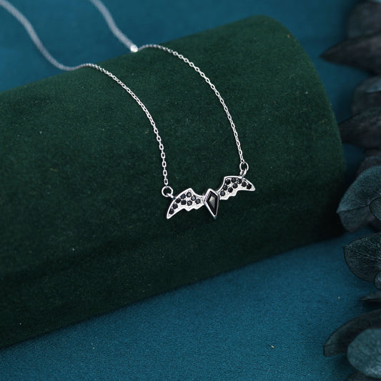 Black CZ Bat Necklace in Sterling Silver, Silver or Gold,  Nature Inspired Animal Jewellery