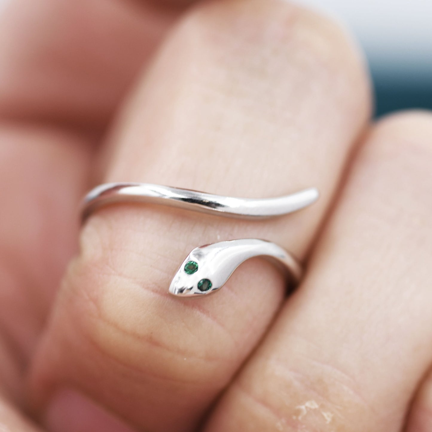 Snake Wrap Ring in Sterling Silver - Emerald Green Eyed Snake Ring - Adjustable and Available in Three Sizes