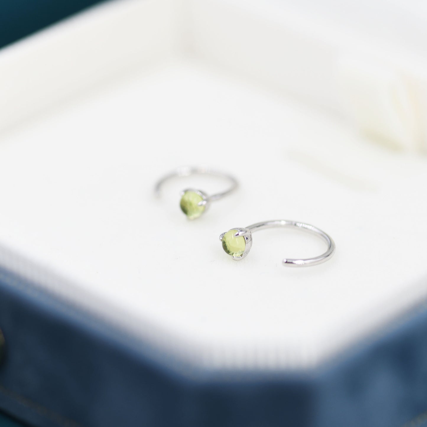 Natural Peridot Huggie Hoop Threader Earrings in Sterling Silver, 3mm Three Prong, Gold or Silver, Pull Through Open Hoops