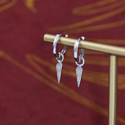 Sterling Silver Dangling Rhombus Spike Hoop Earrings, Detachable Kite Charm Dangle Hoop Earrings, Silver or Gold,  Interchangeable Charms