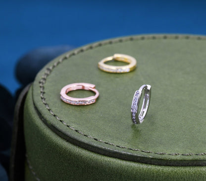 Skinny CZ Crystal Huggie Hoops in Sterling Silver, Silver or Gold or Rose Gold, Minimalist Hoop Earrings, 8mm  and 10mm Hoops