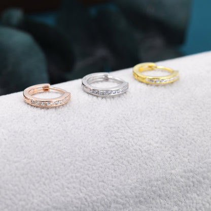 Skinny CZ Crystal Huggie Hoops in Sterling Silver, Silver or Gold or Rose Gold, Minimalist Hoop Earrings, 8mm  and 10mm Hoops