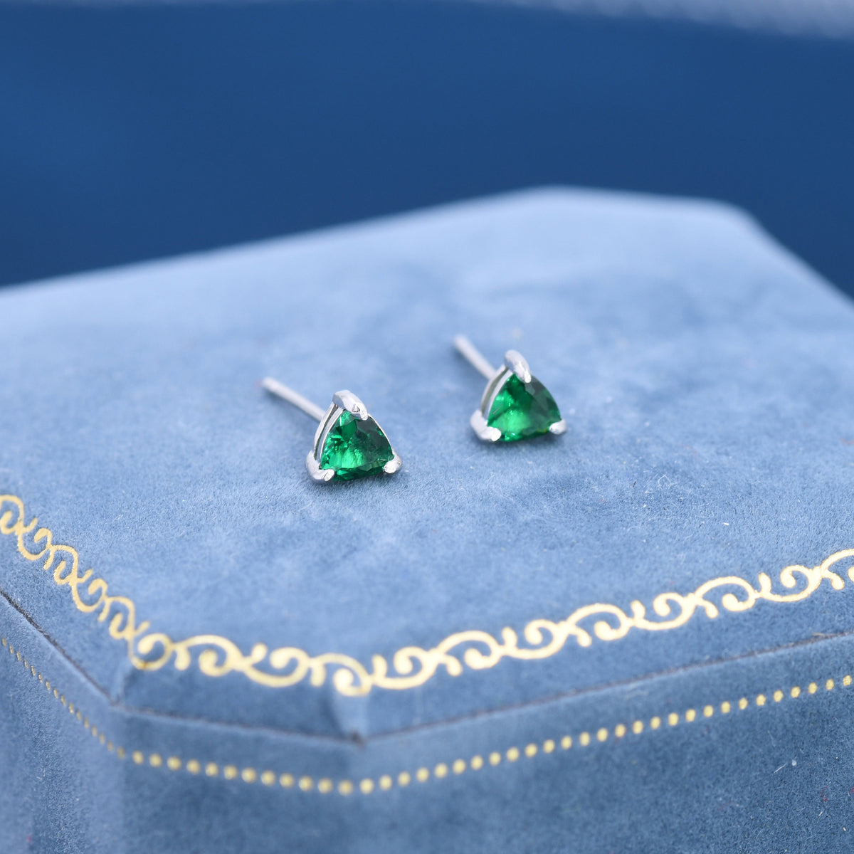 Emerald Green CZ Trillion Cut Stud Earrings