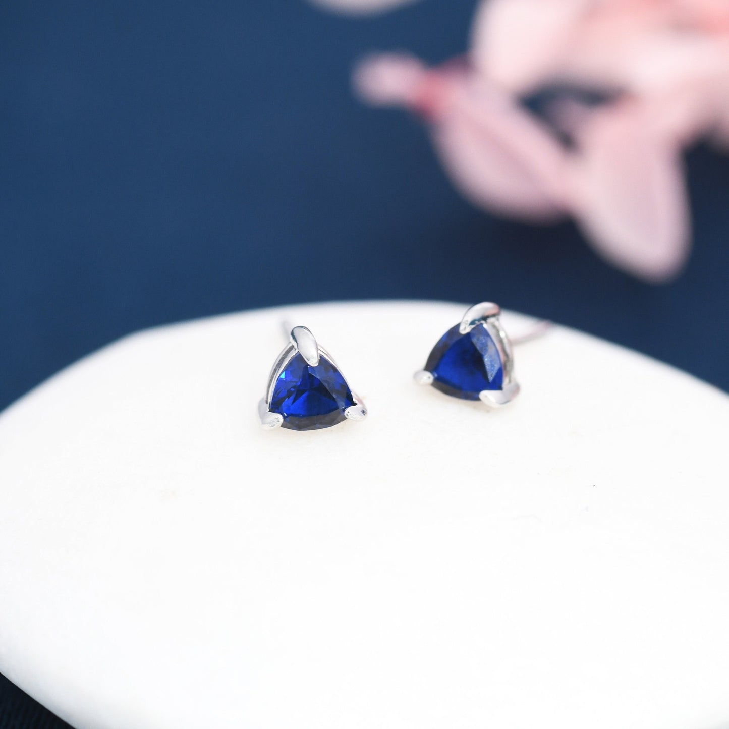 Trillion Cut Sapphire Blue CZ Stud Earrings in Sterling Silver, Silver or Gold, Blue Cubic Zirconia Crystal Earrings, September Earrings