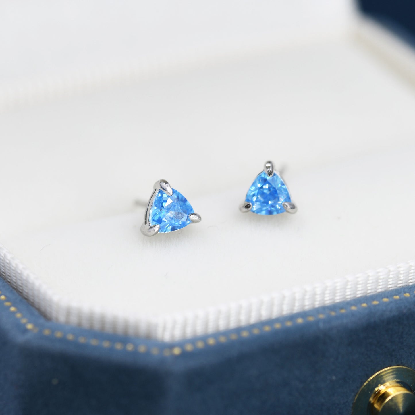 Trillion Cut Aquamarine Blue CZ Stud Earrings in Sterling Silver, Silver or Gold, Blue Cubic Zirconia Crystal Earrings, March Earrings