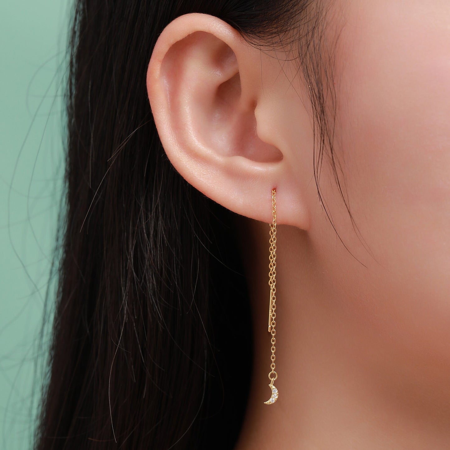 Asymmetric Tiny Moon and Star CZ Threader Earrings in Sterling Silver, Silver, Gold or Rose Gold, Moon and Star Ear Threaders