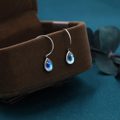 Mermaid Crystal Drop Hook Earrings in Sterling Silver, Droplet Pear Cut Aurora Glass Crystal, Blue Flash Simulated Moonstone
