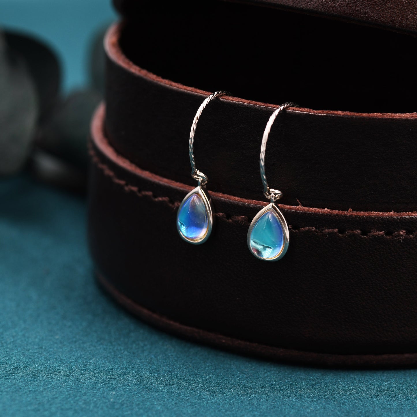 Mermaid Crystal Drop Hook Earrings in Sterling Silver, Droplet Pear Cut Aurora Glass Crystal, Blue Flash Simulated Moonstone