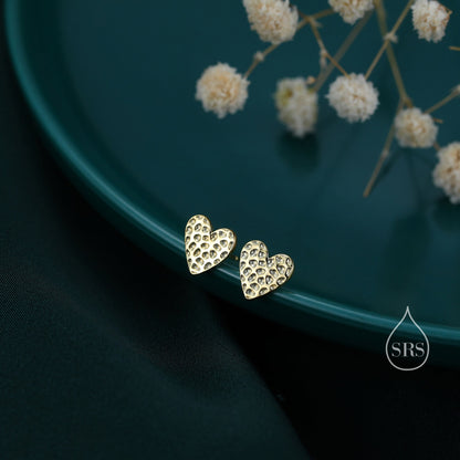 Hammered Heart Stud Earrings in Sterling Silver, Silver or Gold or Rose Gold, Heart Earrings, Fun and Quirky Jewellery