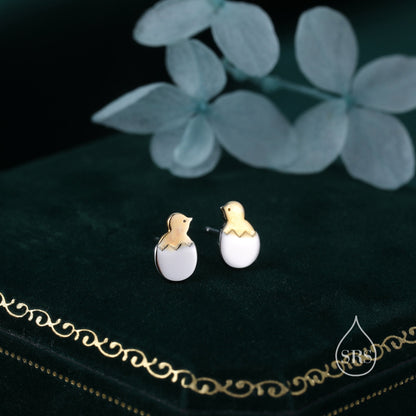 Chick and Egg Stud Earrings in Sterling Silver, Chicken Bird Earrings, Silver Chicken Stud, Silver and Gold, Bird Earrings