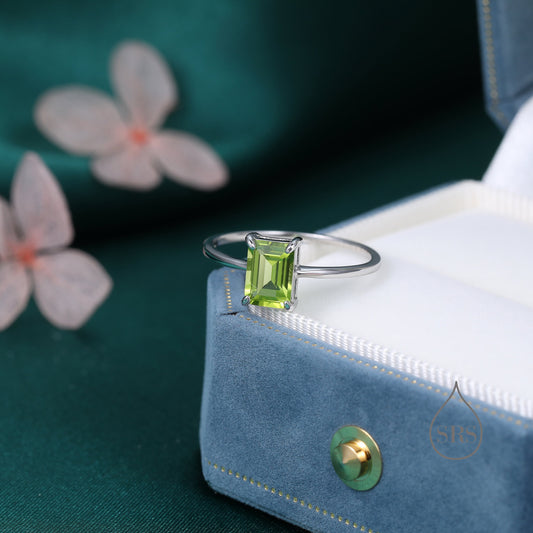 Genuine Emerald Cut Peridot Ring in Sterling Silver, Natural Peridot Stone Ring, Stacking Rings, US 5-8