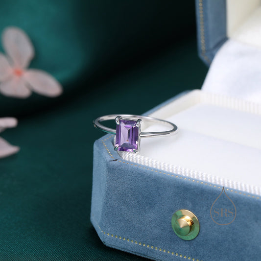 Genuine Emerald Cut Amethyst Ring in Sterling Silver, Natural Amethyst Stone Ring, Stacking Rings, US 5-8