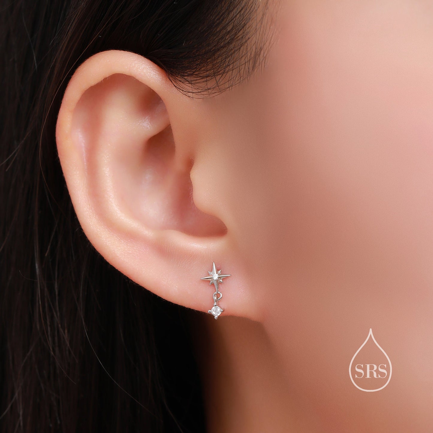 Tiny Starburst and Dangle CZ Stud Earrings in Sterling Silver, Silver, Gold or Rose Gold, Star Earrings, Sunburst Earrings, Celestial