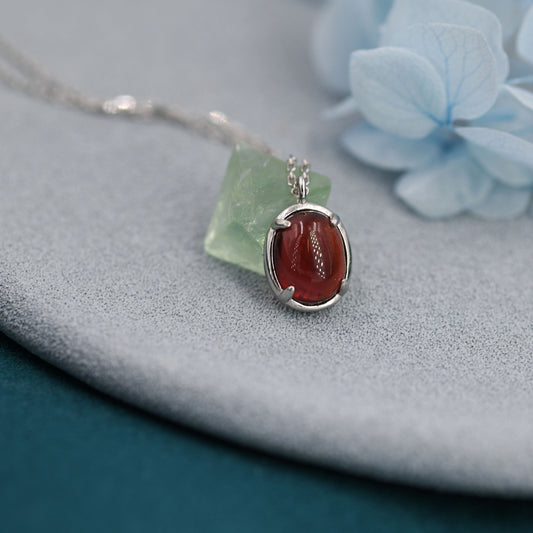 Genuine Garnet Crystal Oval Necklace in Sterling Silver, Oval Cabochon Natural Garnet Stone Necklace, January Birthstone