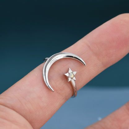Opal Moon and Star Large Ring in Sterling Silver, Silver or Gold, New Moon Open Ring with Embellished Opal US 5 - 9 Statement Ring