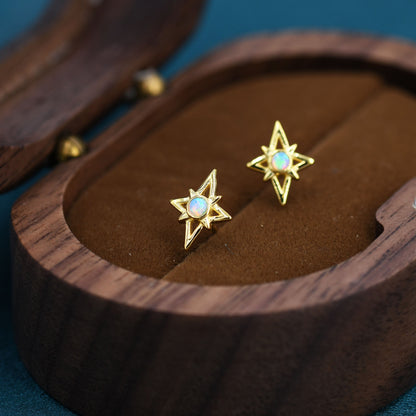 North Star Opal Stud Earrings in Sterling Silver - Gold or Silver - Opal Starburst Earrings - Petite Stud Earrings