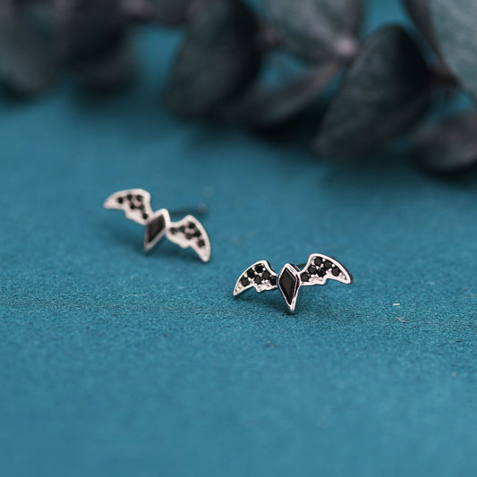 Black CZ Crystal Bat Stud Earrings in Sterling Silver, Silver or Gold, Rhombus Bat Earrings, Stacking Earrings, Animal Earrings
