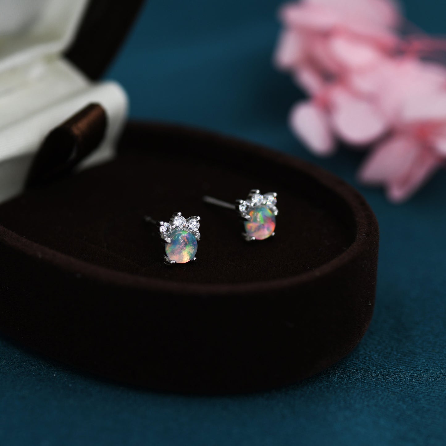 Tiny Opal with CZ Stud Earrings in Sterling Silver, Silver, Gold or Rose Gold, Vintage Inspired Design, Opal Crown Earrings Crown Stud