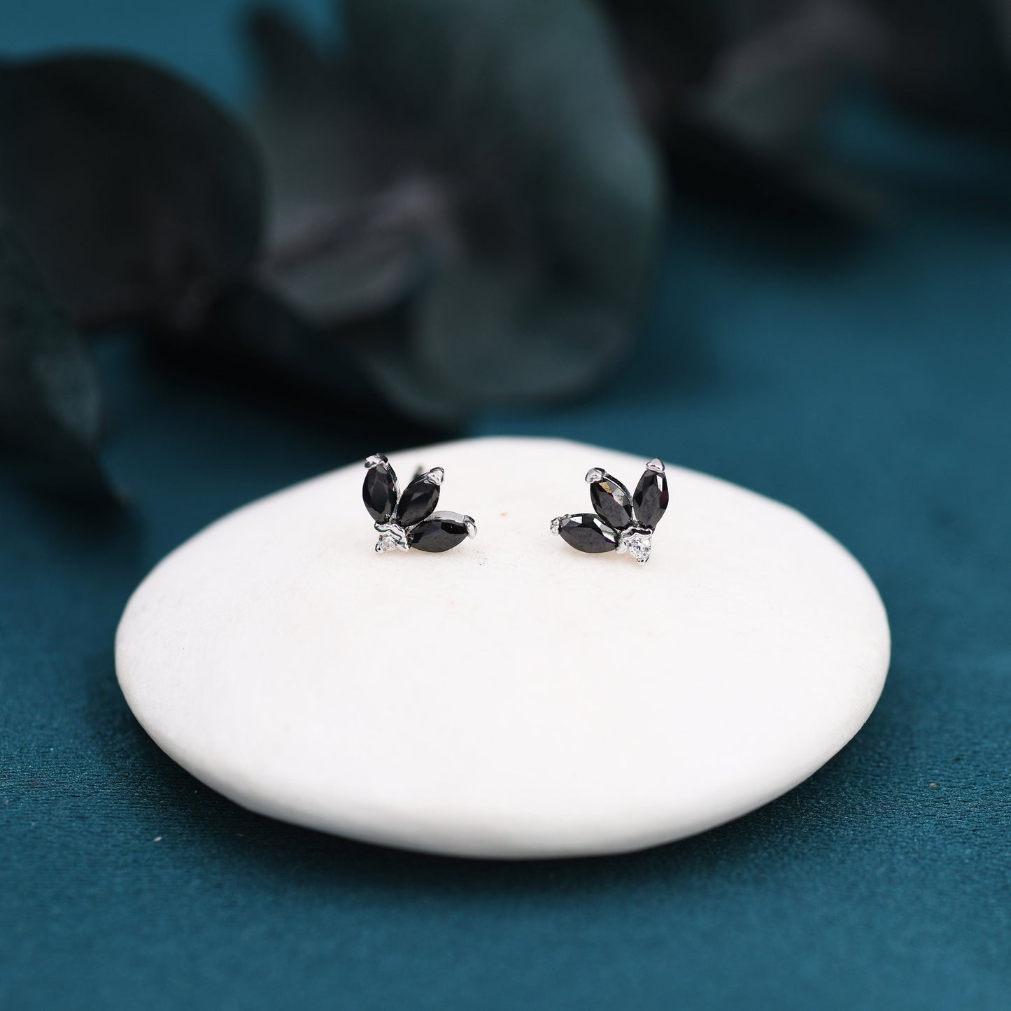 Sterling Silver Black CZ Marquise Cluster Stud Earrings,  Gold or Silver, Marquise Fan Stud, CZ Crown Stud, Three Marquise Stud