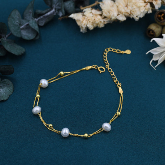 Sterling Silver Delicate Pearl and Silver Ball Beaded Bracelet, Double Layer, Silver or Gold, Real Freshwater Pearls, Natural Pearl Bracelet
