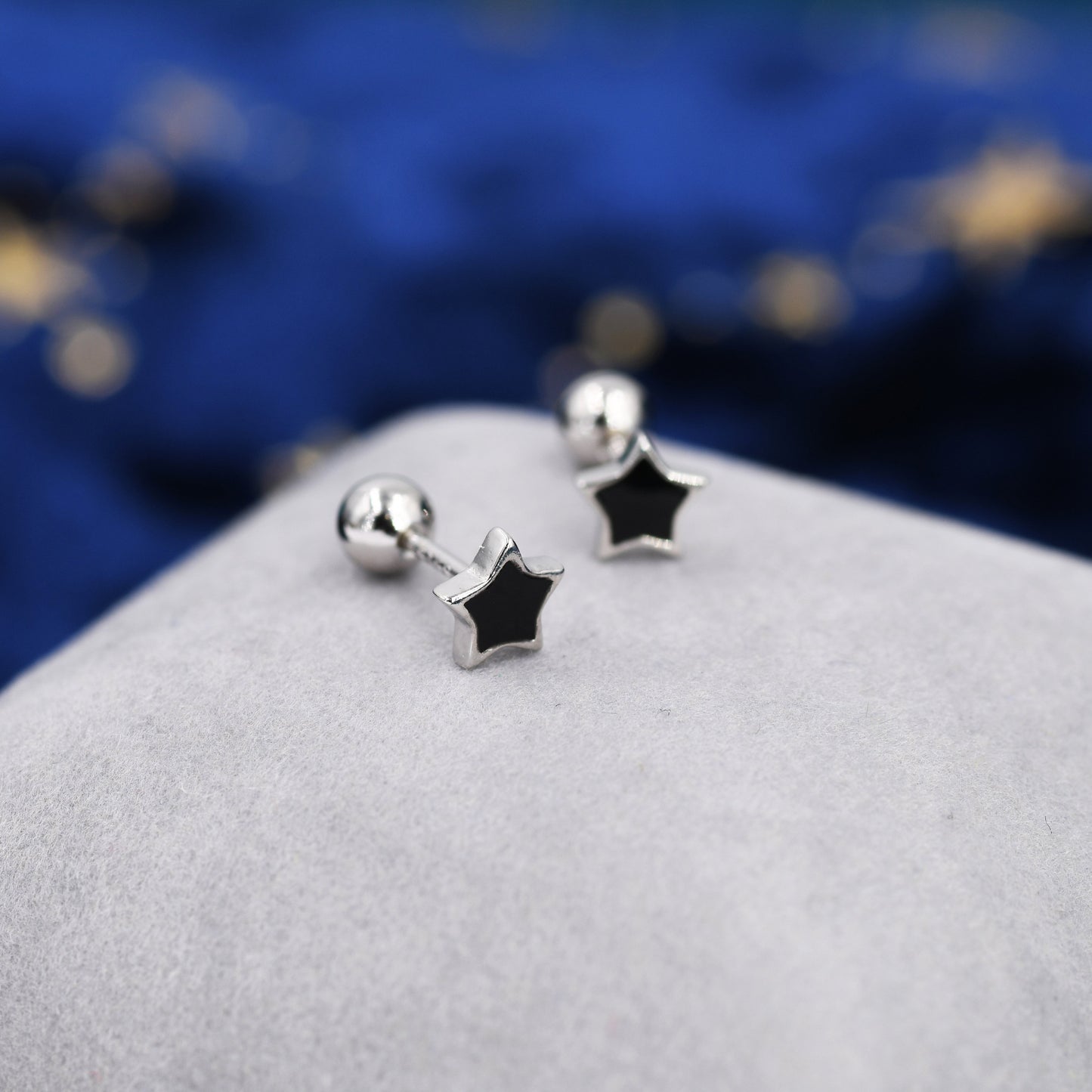Tiny Black Enamel Star Barbell Earrings in Sterling Silver, Silver or Gold, Screw Back Black Star Earrings, Screwback Earrings