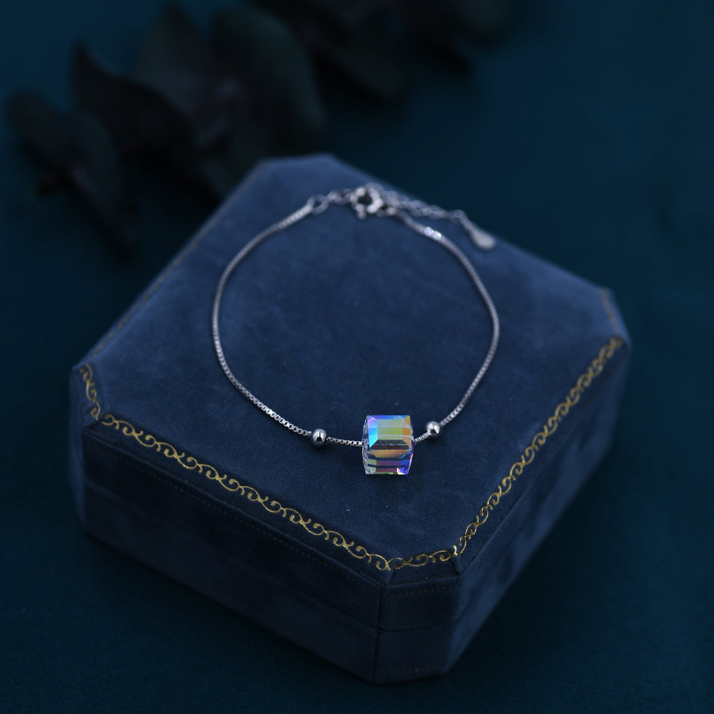Sterling Silver Aurora Borealis AB Crystal Bracelet, Cube Crystal Bracelet, Sigle Crystal Cube Bracelet, Dainty and Delicate