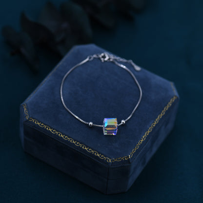 Sterling Silver Aurora Borealis AB Crystal Bracelet, Cube Crystal Bracelet, Sigle Crystal Cube Bracelet, Dainty and Delicate