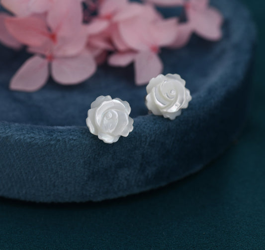 Hand Carved Mother of Pearl Rose Flower  Design Stud Earrings in Sterling Silver - Dainty and Pretty D91