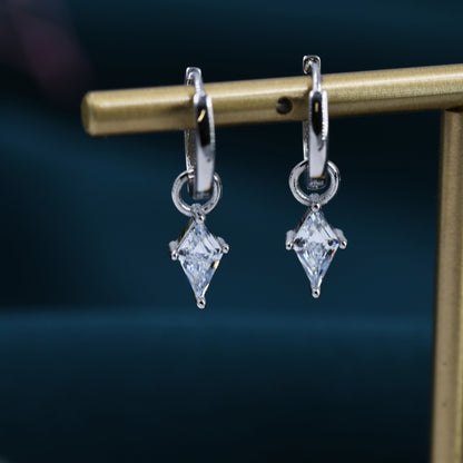 Rhombus CZ Huggie Hoop Earrings in Sterling Silver, Silver or Gold, Kite Shape Crystal Earrings,  Interchangeable and detachable