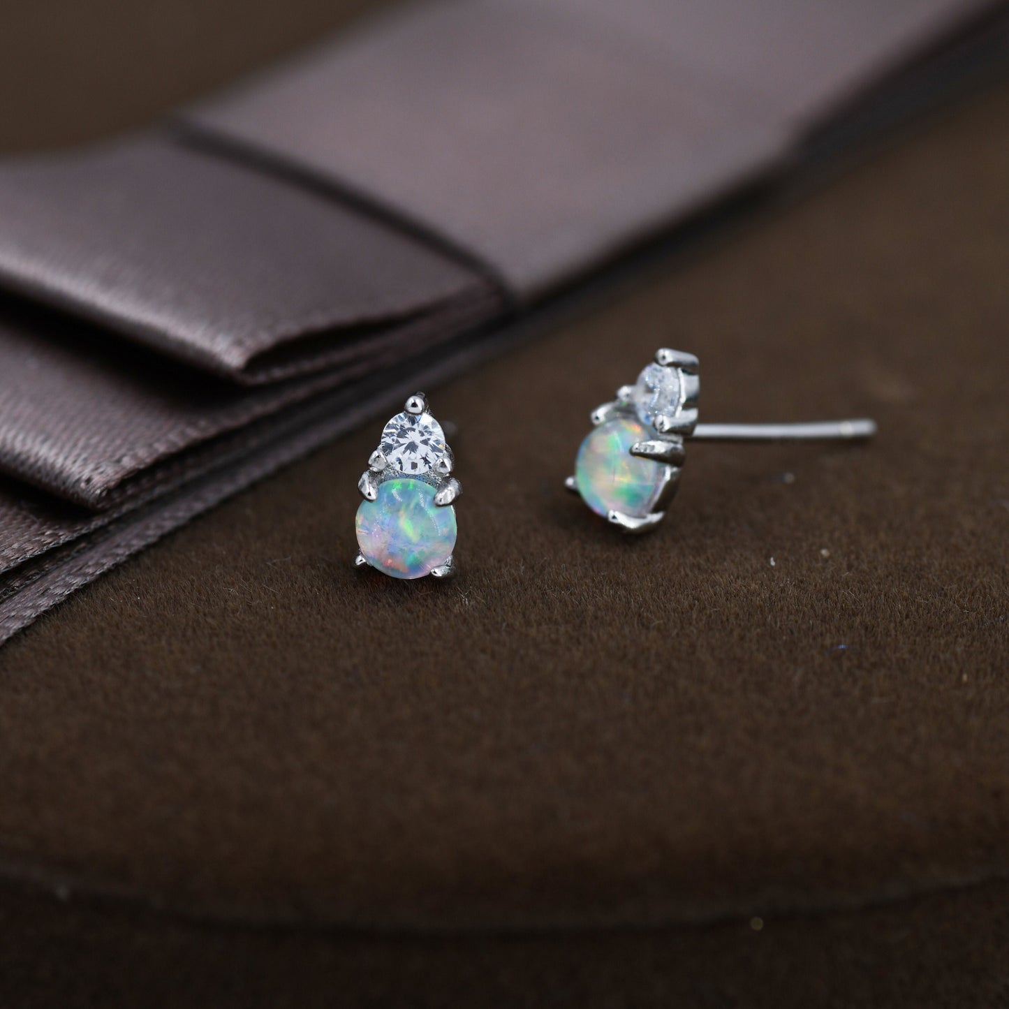 Opal with CZ Stud Earrings in Sterling Silver, Silver, Gold or Rose Gold, Vintage Inspired