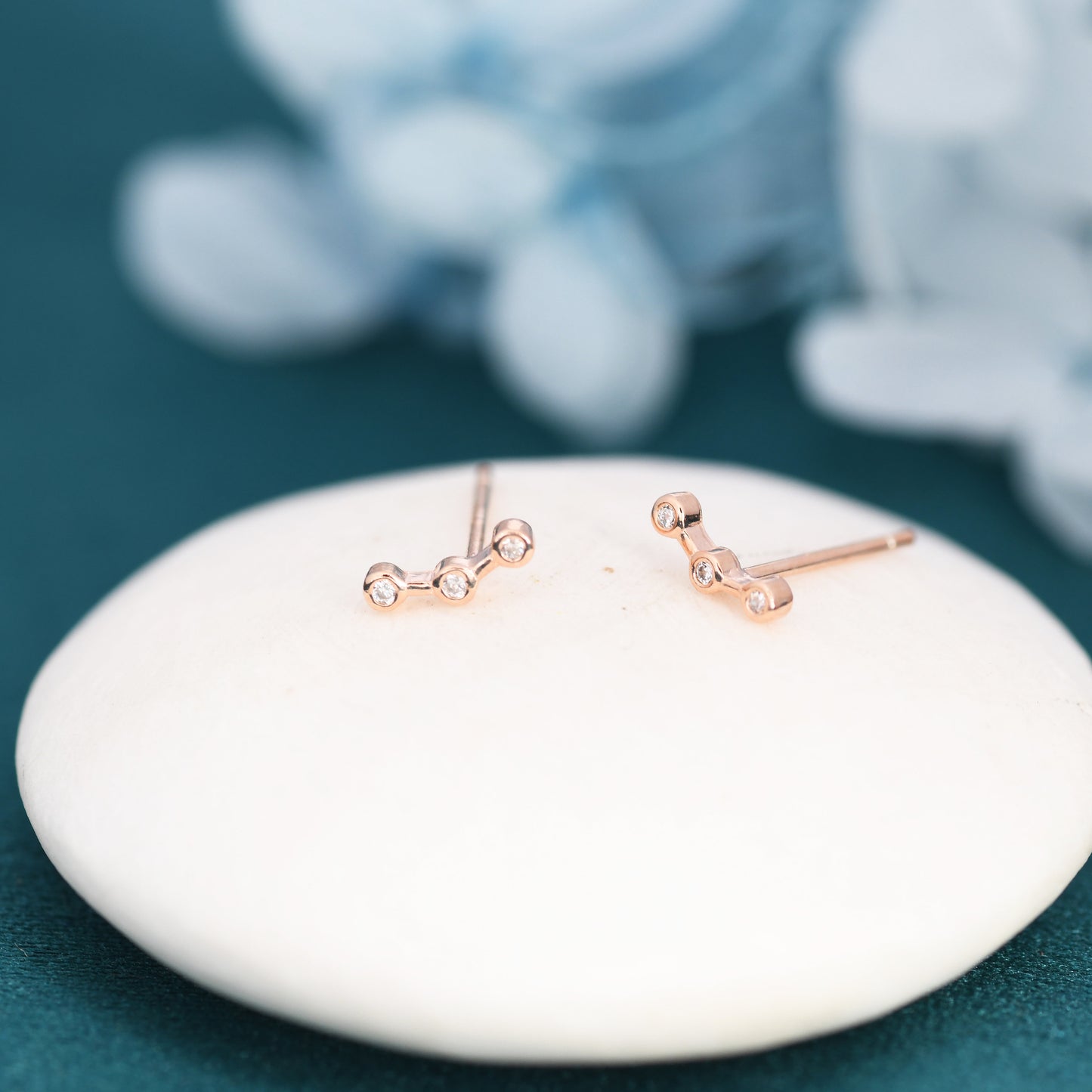 Sterling Silver Three Dot Stud Earrings, CZ Trio Constellation Design, Rose Gold Coated Silver, Dainty and Delicate Tiny Jewellery