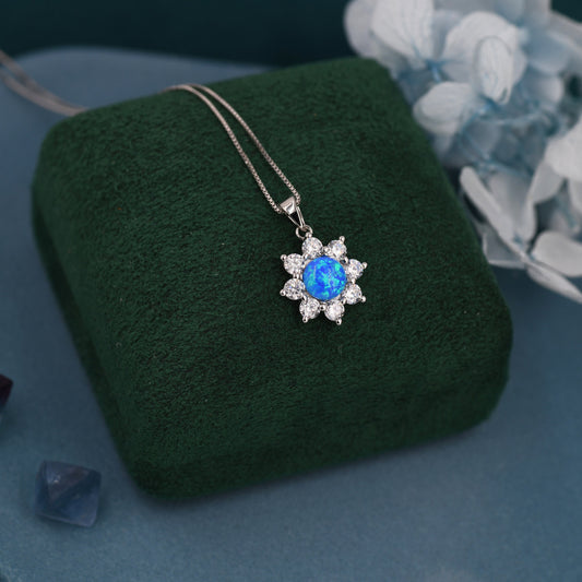 Blue Opal CZ Halo Pendant Necklace in Sterling Silver, Minimalist October Birthstone Necklace, Tiny Opal Necklace