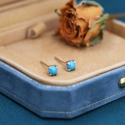 Sterling Silver Turquoise Stud Earrings, 4mm, Genuine Turquoise Gemstone Stud, Turquoise Blue 4 Prongs, Minimalist Style