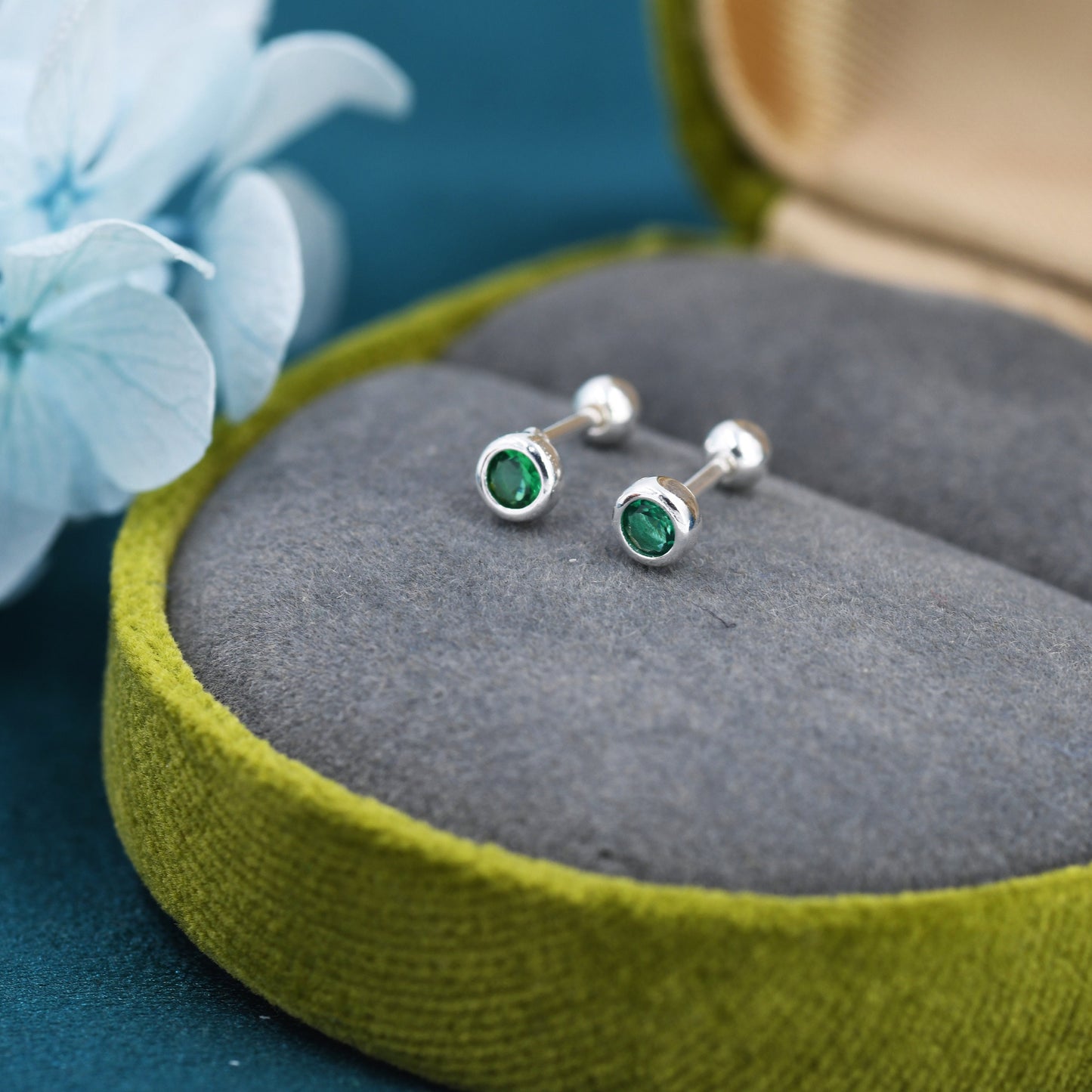 Tiny Emerald Green CZ Barbell Earrings in Sterling Silver,  3mm CZ Screw Back Dot Earrings, Screwback Earrings, May Birthstone