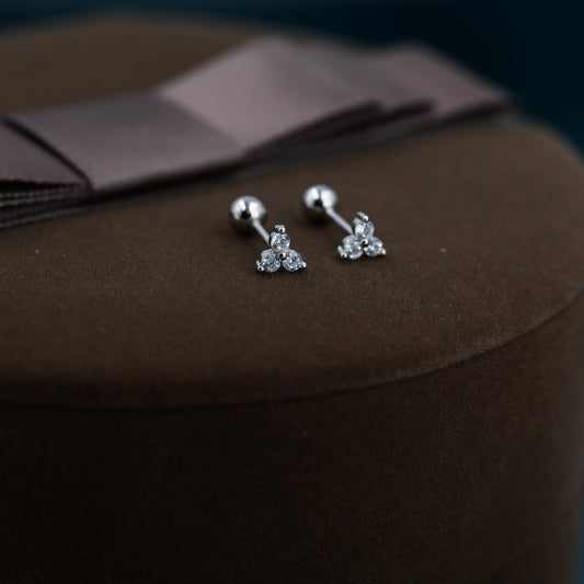 Very Tiny Three Dot Trio Screw Back Earrings in Sterling Silver with Sparkly CZ Crystals, Simple and Minimalist, Geometric and Discreet