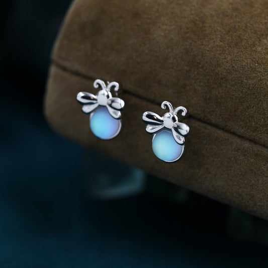 Firefly Stud Earrings in Sterling Silver with Frosted Moonstone - Cute, Fun, Whimsical and Pretty Jewellery