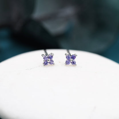 Amethyst Purple CZ Flower Stud Earrings in Sterling Silver, Crystal Flower Earrings, Hydrangea Flower Stud, Four Crystal Stud